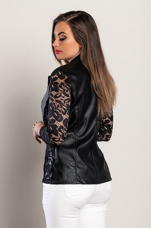 Blazer iz umetnega usnja s čipko Amalfi, črn