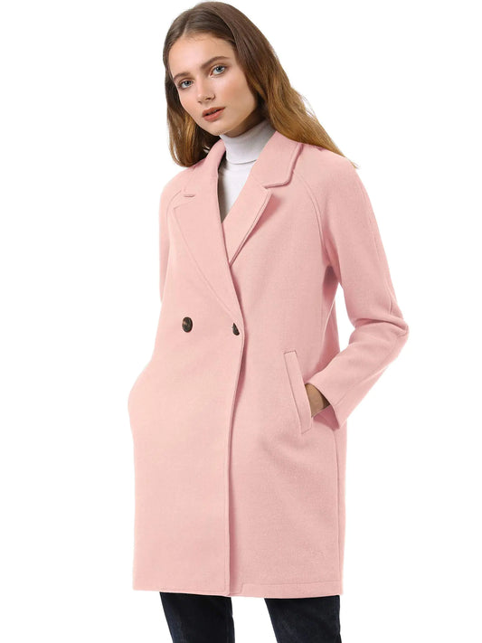 Allegra K Casaco Feminino Inverno com Lapela Entalhada e Abotoamento Duplo Manga Raglan Pequeno Rosa Claro